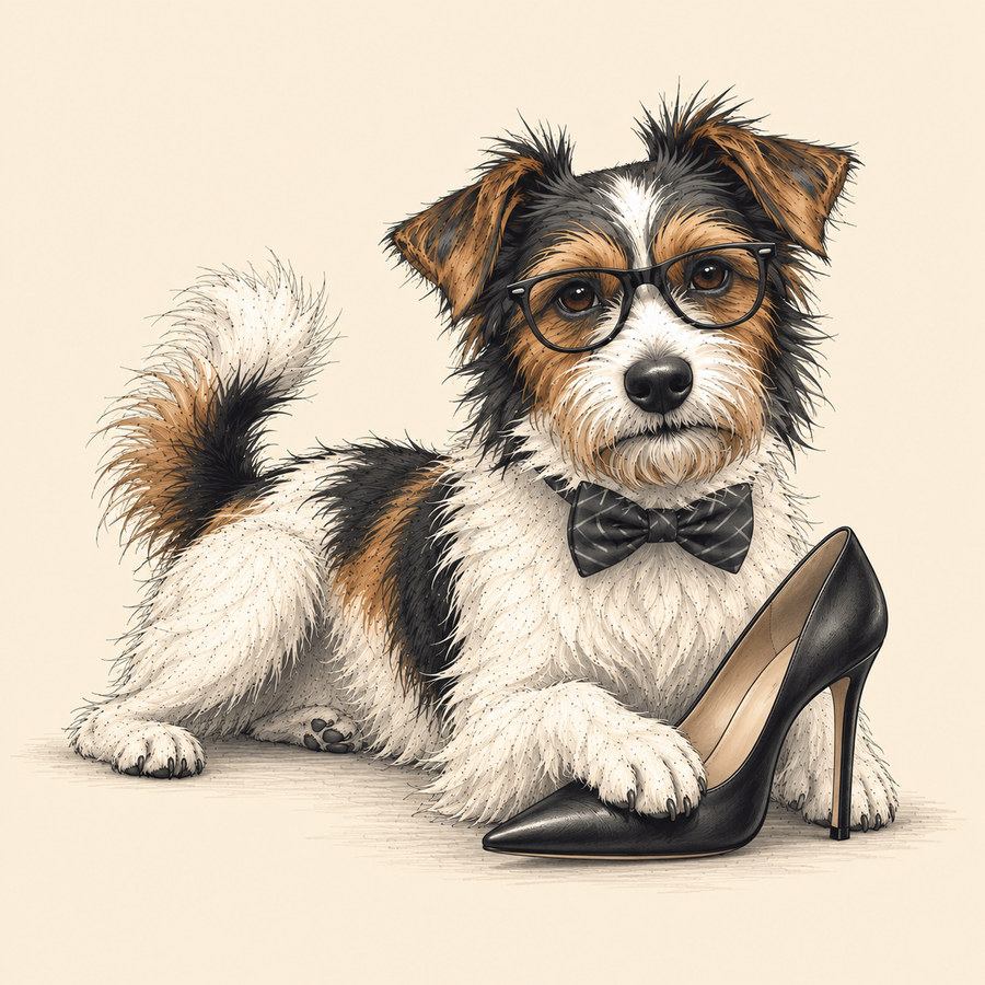 The terrier lies beside a black high-heeled shoe with one front foot resting on it.