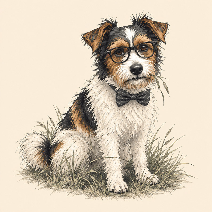 The terrier sits among tufts of grass, wearing glasses and a bow tie.