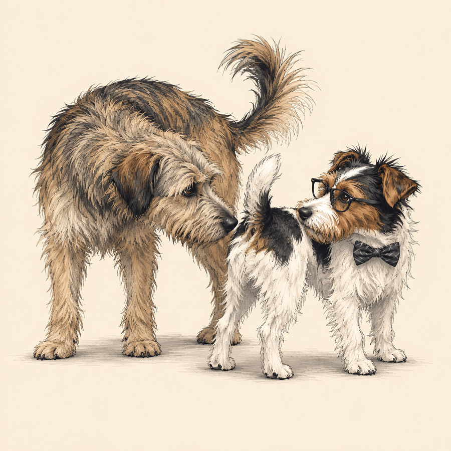 A larger shaggy dog sniffs the terrier, who looks back through his glasses.